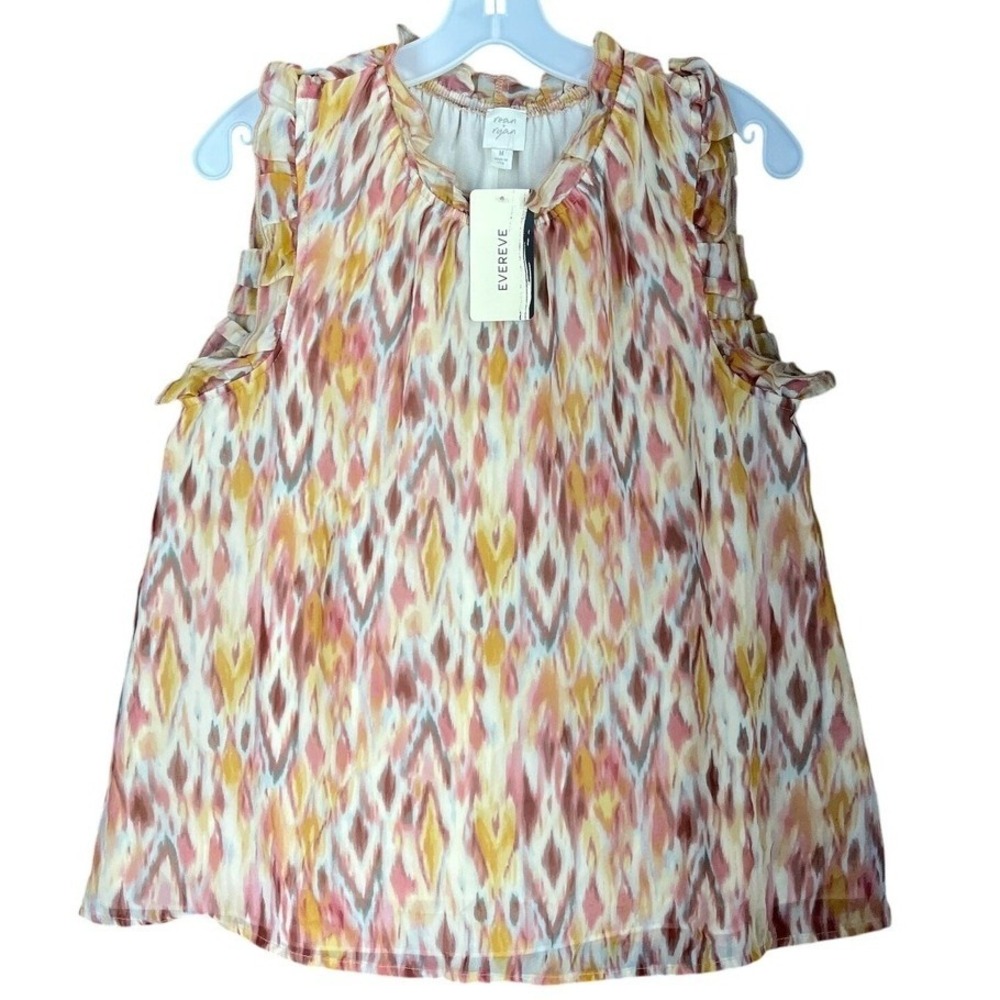Roan + Ryan Addy Ikat Chiffon Top Sleeveless Ruffle Mock Neck Blouse M Womens